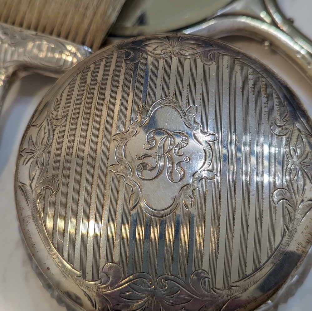 Vintage Estate Edwardian Sterling Silver and Crystal 4 Piece Dressing Set, 